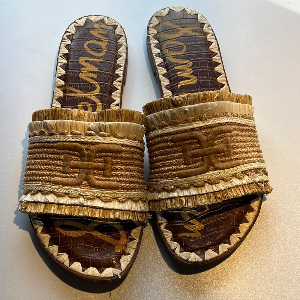 Sam Edelman Natural Raffia Fringe Slide Sandals